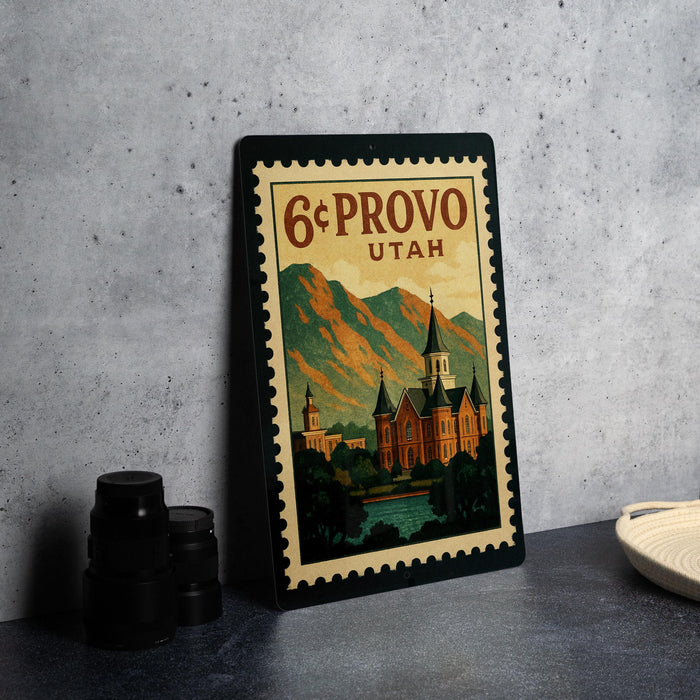 A vintage-style metal stamp depicting a castle or palace in Utah, with mountains in the background.