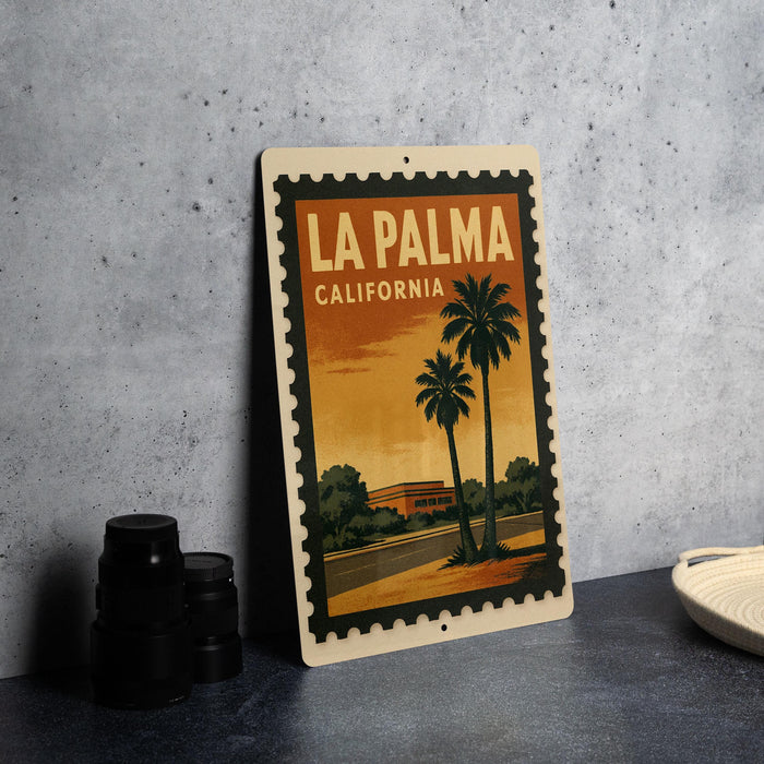 A vintage-style metal sign with the text "LA PALMA CALIFORNIA" and an illustration of a palm tree and a building, placed on a gray countertop next to some black camera lenses.