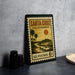 A vintage postage stamp from Santa Cruz, California, featuring a beach scene with palm trees and a pier.