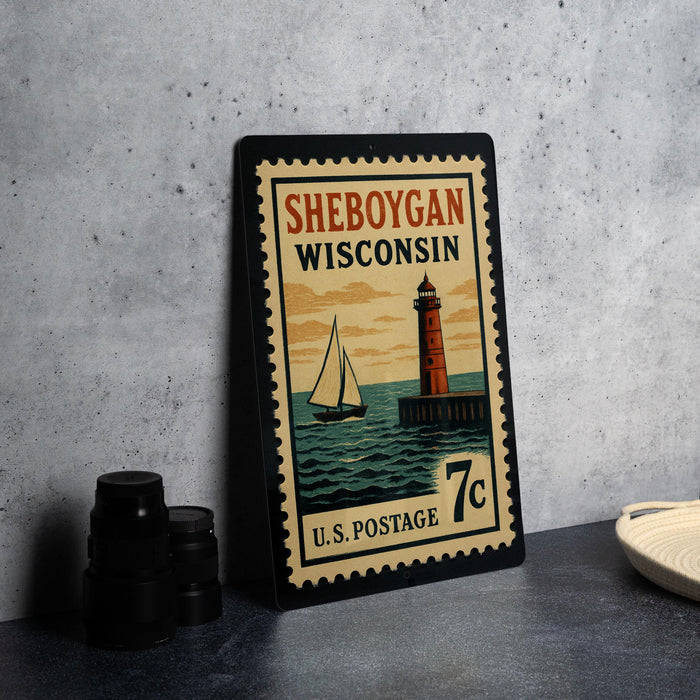 A vintage postage stamp from Wisconsin featuring a lighthouse and a sailboat, with the text "SHEBOYGAN WISCONSIN 7c U.S. POSTAGE".