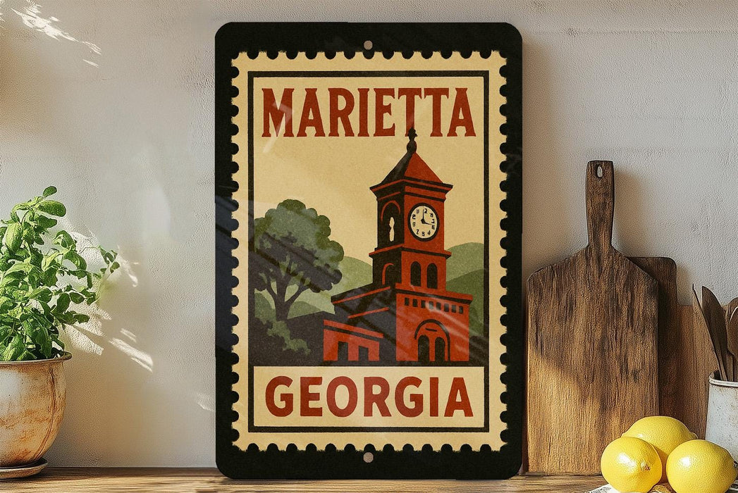 A framed poster of a clock tower in Marietta, Georgia, with the text "MARIETA GEORGIA" on it, displayed on a shelf next to a wooden cutting board and a potted plant.