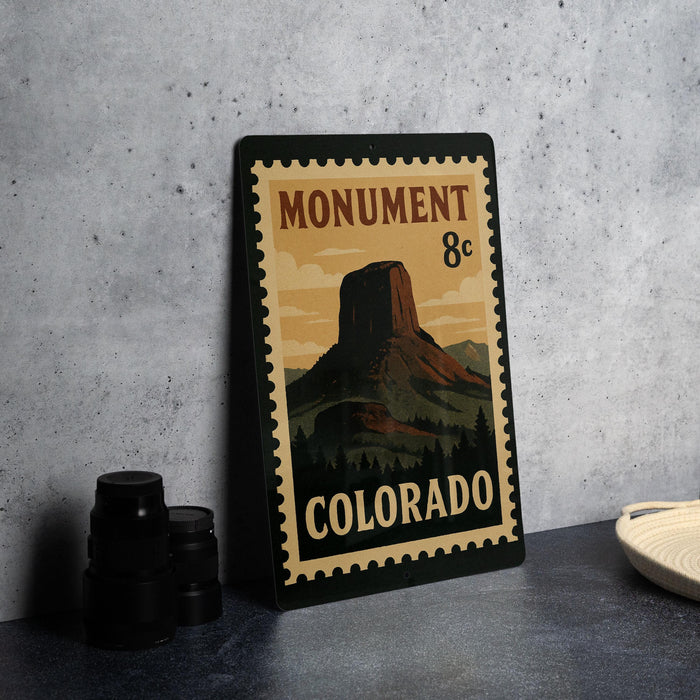 A metal sign with a mountain landscape and the text "MONUMENT COLORADO" printed on it, placed on a countertop next to some black camera lenses.