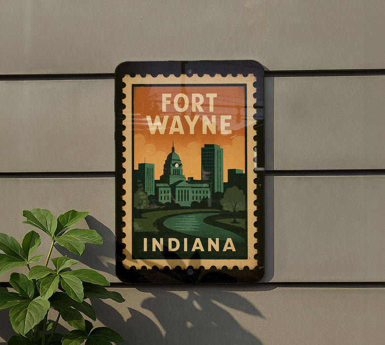 A sign for Fort Wayne, Indiana, featuring a stylized illustration of the city skyline.