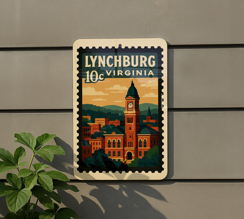 A postage stamp featuring the image of Lynchburg, Virginia, with a clock tower and buildings in the background.