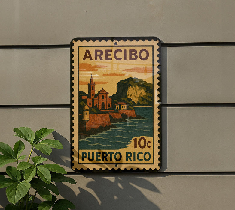 A vintage Puerto Rico postage stamp is displayed on a wall, featuring a colorful illustration of a coastal town.