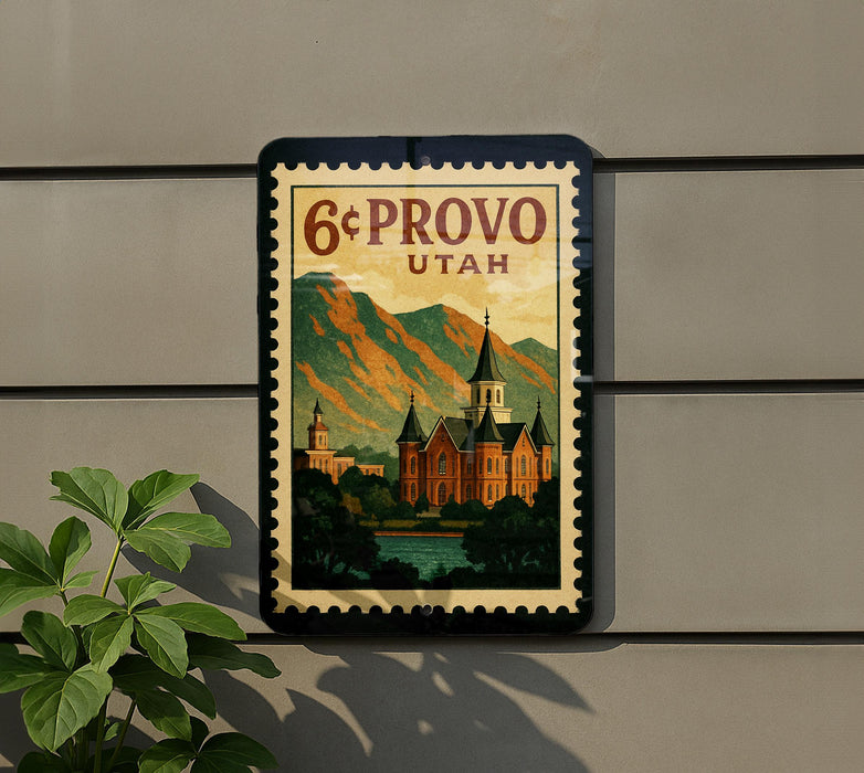 A vintage-style poster of the University of Utah, featuring a castle and mountains, is displayed on a wall.
