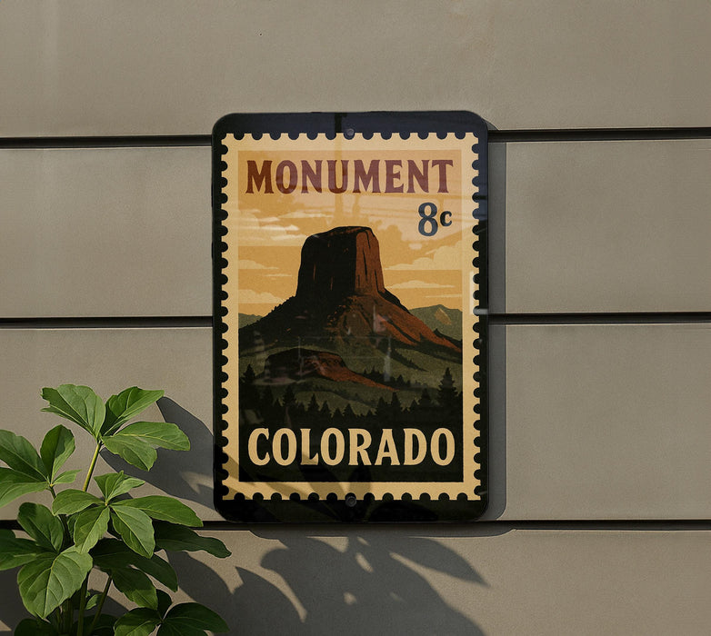 A vintage-style postage stamp depicting the Monument to the Revolution in Colorado, mounted on a wall next to a plant.