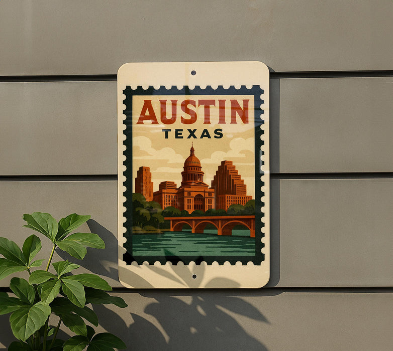 A sign featuring the image of the city of Austin, Texas, with a stamp-like border and a depiction of the city's skyline.