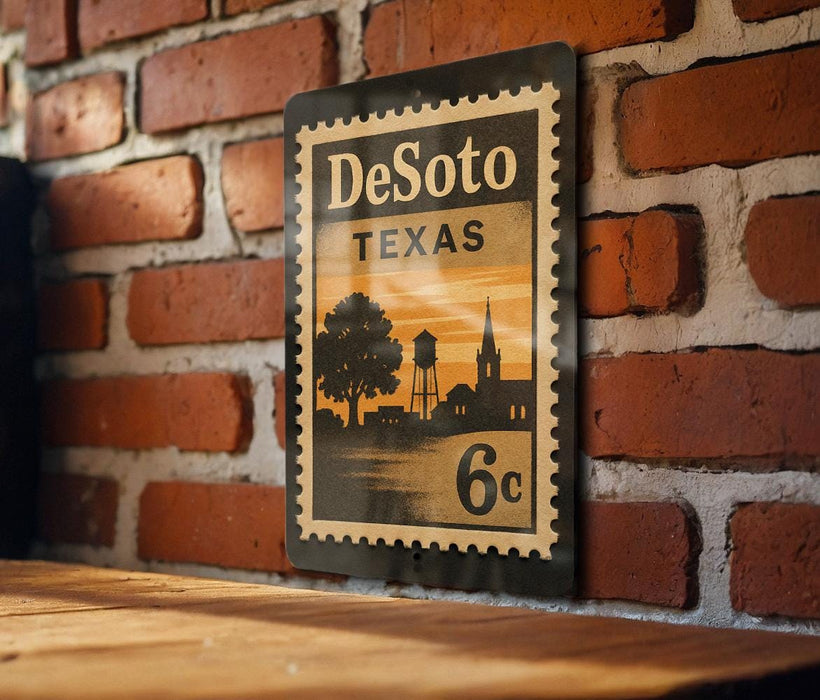 A metal sign with a vintage-style illustration of a town and a water tower, mounted on a brick wall.