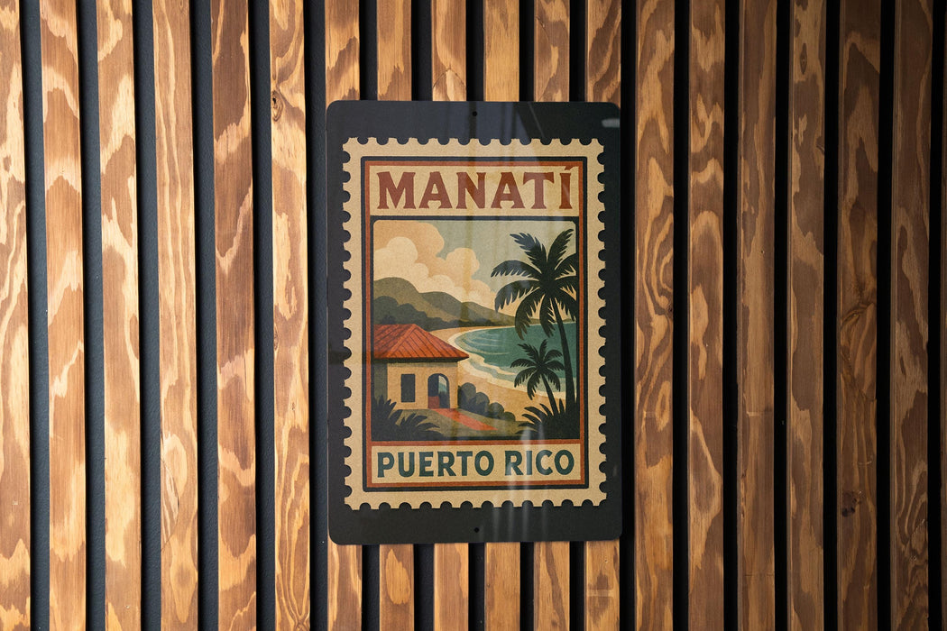 A vintage-style sign with the text "MANATI PUERTO RICO" is displayed on a wooden wall.