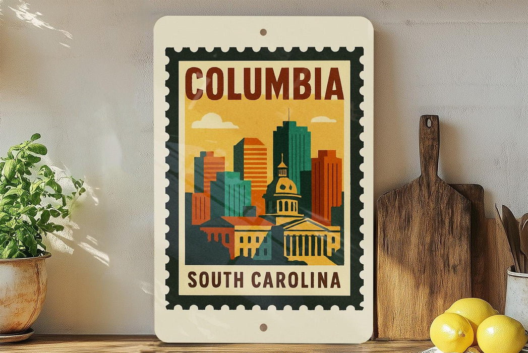 A framed poster of the city of Columbia, South Carolina, featuring a colorful illustration of the city skyline.