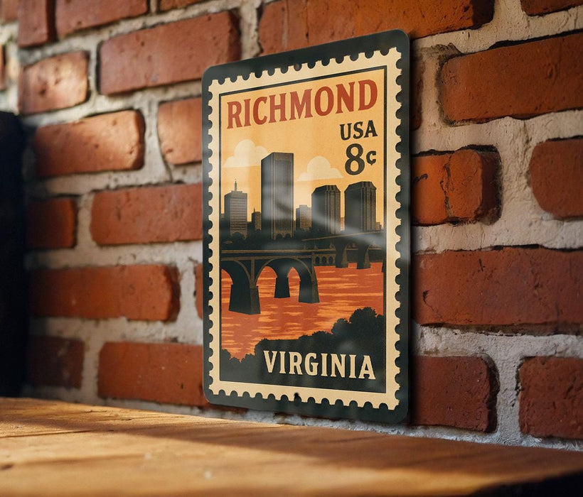 A vintage postage stamp depicting the city of Richmond, Virginia, with a bridge and skyline in the background.
