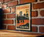 A vintage postage stamp depicting the city of Richmond, Virginia, with a bridge and skyline in the background.