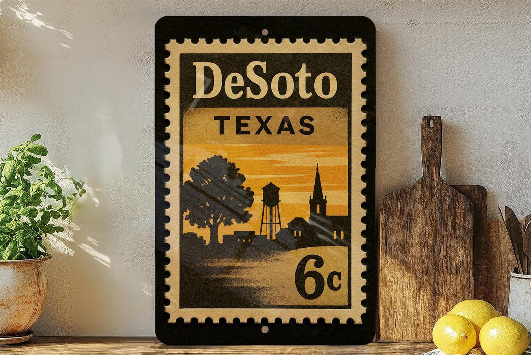 A vintage-style metal stamp with the text "DeSoto, TX 6c" displayed on it, along with a silhouette of a town and a water tower. The stamp is placed on a shelf next to a wooden cutting board and some potted plants.