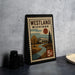 A vintage-style postage stamp from Westland, Michigan, featuring a scenic landscape with a river and trees.