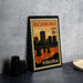 A vintage-style postage stamp from Virginia, featuring a cityscape and a bridge, is displayed on a table.