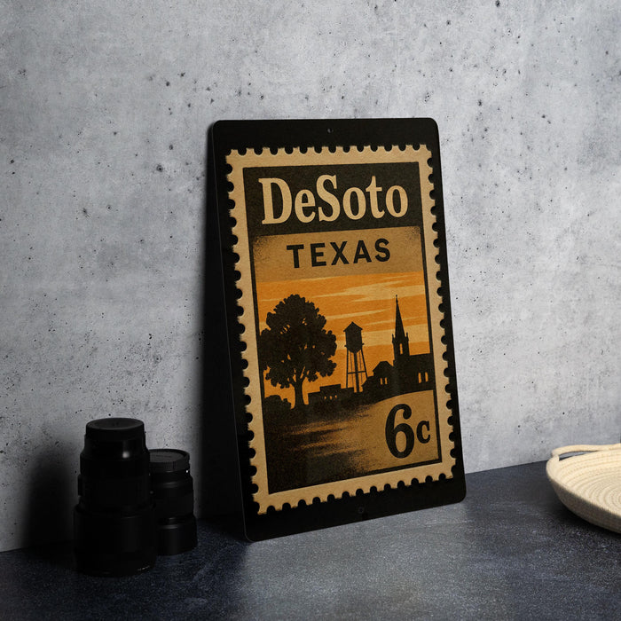 A metal stamp with the text "DeSoto, TX" and an illustration of a town, along with the denomination of 6 cents, is displayed on a table.