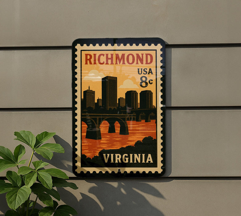 A vintage postage stamp depicting the city of Richmond, Virginia, with a bridge and skyline in the background.