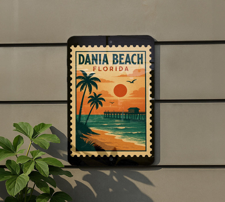 A vintage-style poster of Dania Beach, Florida, featuring a sunset over the ocean and a pier, is displayed on a wall.