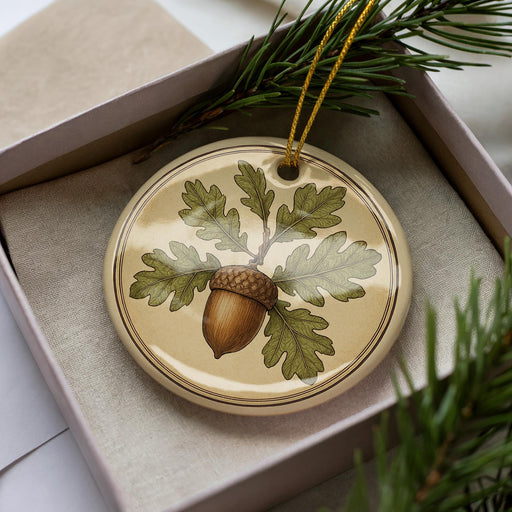 A decorative ornament in a box, featuring a brown acorn surrounded by green leaves, with a pine branch and greenery in the background.