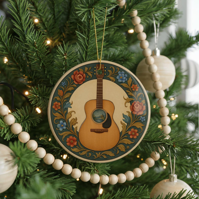 A Christmas tree decorated with a guitar ornament, beads, and other ornaments.