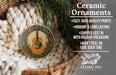 Ceramic ornaments, featuring a guitar-shaped ornament with a floral design, are displayed in a wicker basket.