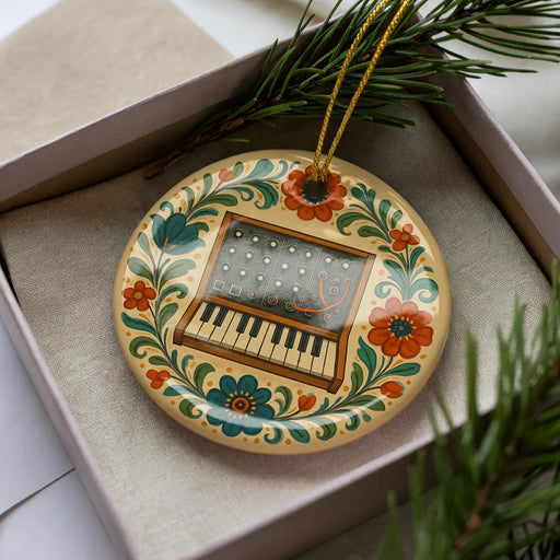 A decorative ornament featuring a musical keyboard and flowers, placed in a box with pine branches.