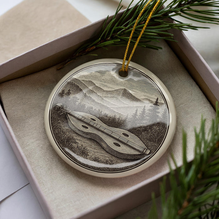 A decorative ornament in a box, featuring a black and white illustration of a musical instrument, surrounded by pine branches.