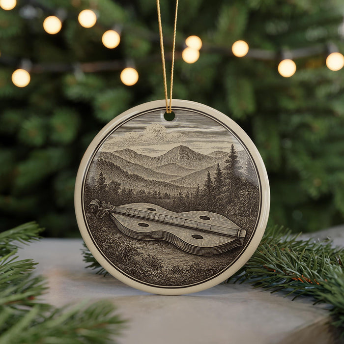 A round ornament featuring a black and white illustration of a lute or banjo, set against a mountainous landscape with trees and a river.