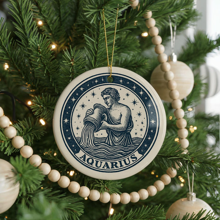 A Christmas tree decorated with ornaments, including a circular ornament with a design of a woman pouring water and the word "Aquarius" written on it.