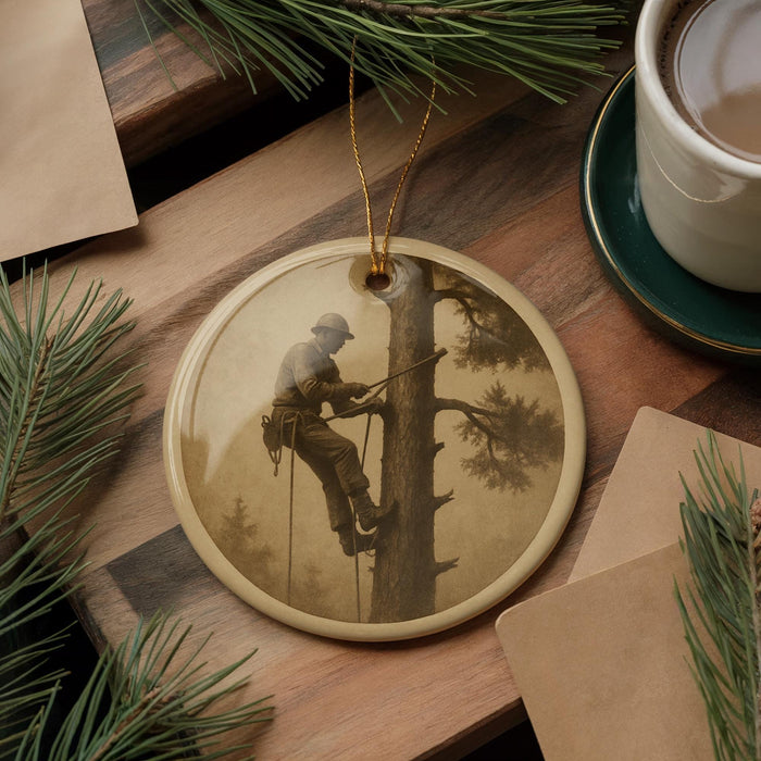 A round ornament featuring a man in a hard hat and safety harness, climbing a tree, is displayed on a wooden surface alongside a cup of coffee and some pine branches.