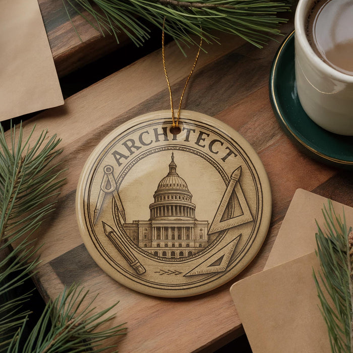 a circular ornament with the word "ARCHITECT" on it, surrounded by architectural tools such as a ruler and a pencil. The ornament is placed on a wooden surface, with pine branches and a cup of coffee nearby.