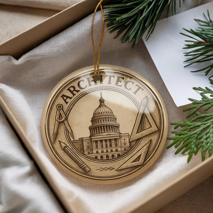 A round ornament with the word "ARCHITECT" on it, featuring a building and architectural tools, is displayed in a box with pine branches.