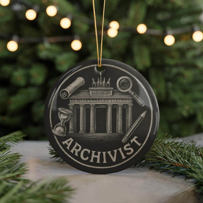 A black ornament with the word "ARCHIVIST" written on it, featuring an illustration of a building and various objects, such as a magnifying glass and a scroll, against a blurred background of greenery and lights.