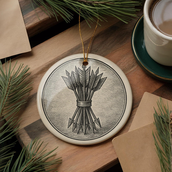 a circular ornament with a black and white illustration of a bunch of arrows, hanging on a wooden surface. There is also a cup of coffee and some pine branches in the background.