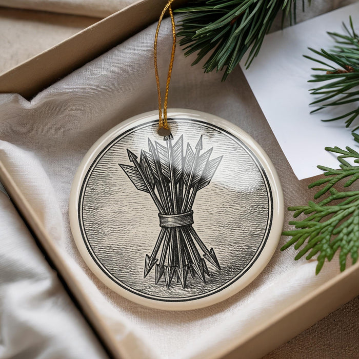 A decorative ornament with a circular design featuring a bunch of arrows, hanging from a string.