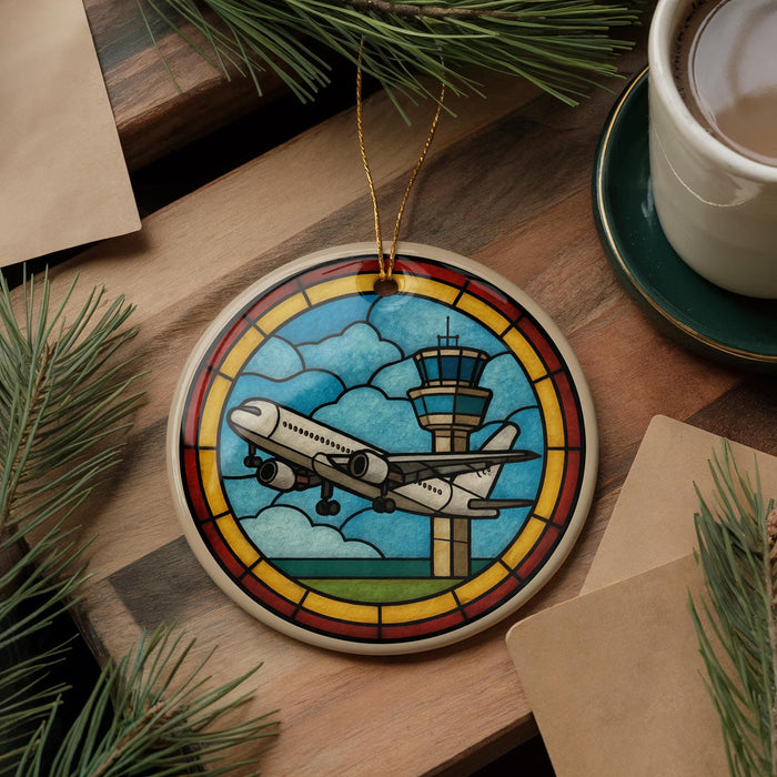A circular ornament featuring a white airplane flying over a blue sky with clouds, surrounded by pine branches and a cup of coffee on a wooden surface.