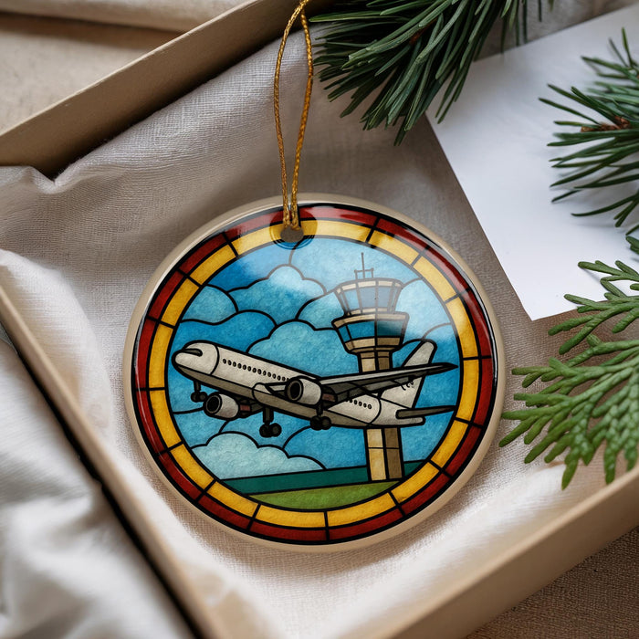 A stained glass ornament in the shape of a plane is displayed in a box, surrounded by pine branches.