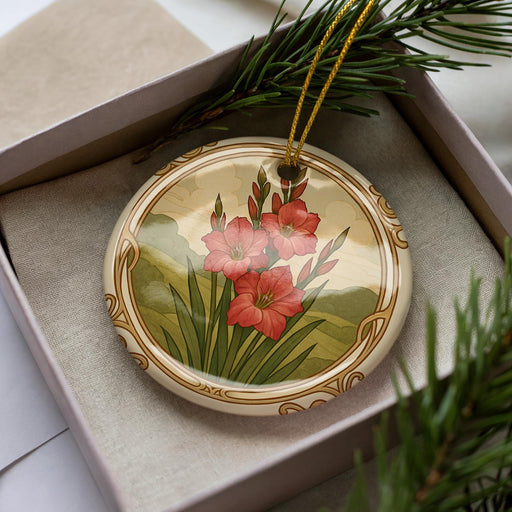A decorative ornament with a floral design, featuring red flowers and green foliage, is displayed in a box with pine branches.