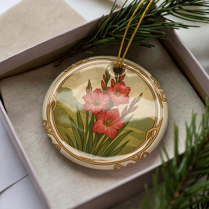 A decorative ornament with a floral design, featuring red flowers and green foliage, is displayed in a box with pine branches.