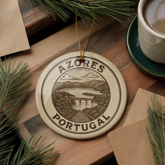 A circular ornament with the text "AZÓRES PORTUGAL" is displayed on a wooden surface, surrounded by pine branches and a cup of coffee.