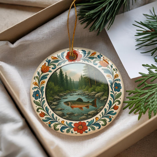A decorative ornament featuring a fish swimming in a river, surrounded by a floral border and a pine tree, placed in a box with pine branches.