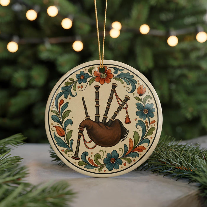 A decorative ornament featuring a piper blowing bagpipe, surrounded by colorful floral designs, is displayed on a table with a blurred background of a Christmas tree.