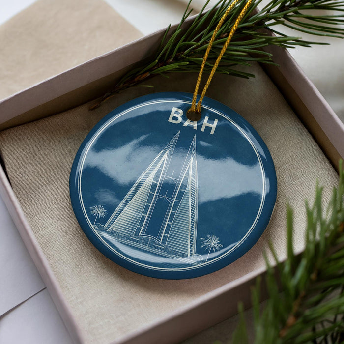 BAH Landmark View Ceramic Ornament – Iconic Bahrain Scene Holiday Decoration – BAH Cityscape Keepsake Ornament