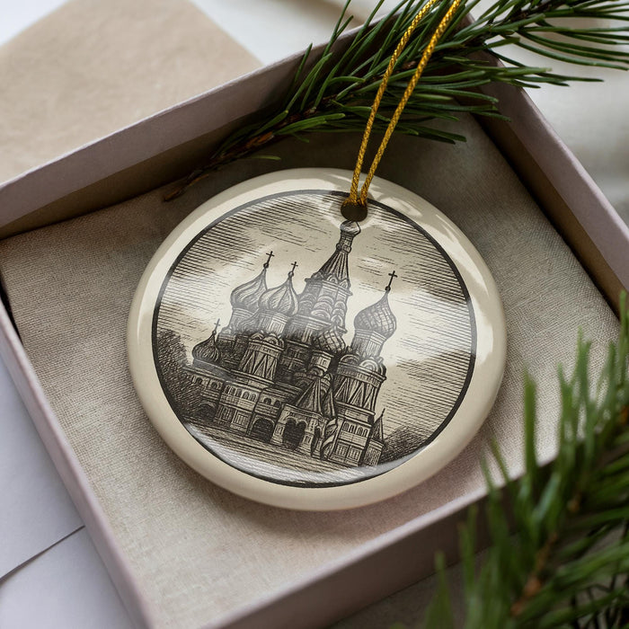 A decorative ornament featuring a detailed illustration of a cathedral or church, with multiple domes and spires, is displayed in a box with pine branches.