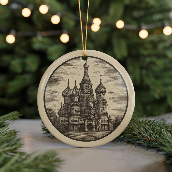 A circular ornament featuring a detailed illustration of the Church of St. Basil's in Moscow, Russia, surrounded by Christmas lights and greenery.
