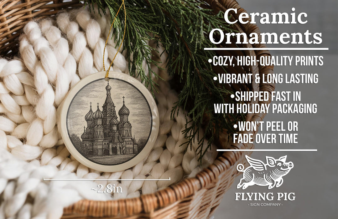 Ceramic ornaments, featuring a detailed illustration of a cathedral, are displayed in a wicker basket.