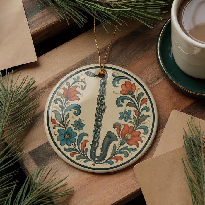 A decorative ornament featuring a saxophone is displayed on a wooden surface, surrounded by pine branches and a cup of coffee.