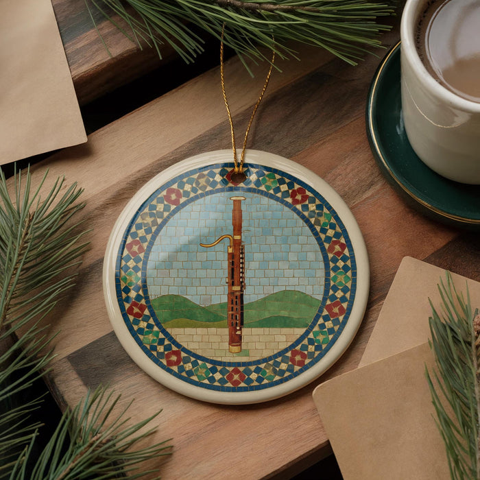 A decorative ornament featuring a musical instrument, likely a clarinet, is displayed on a wooden surface alongside a cup of coffee and some papers.