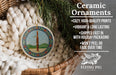 Ceramic ornaments, featuring a colorful design with a musical instrument, are displayed in a woven basket.